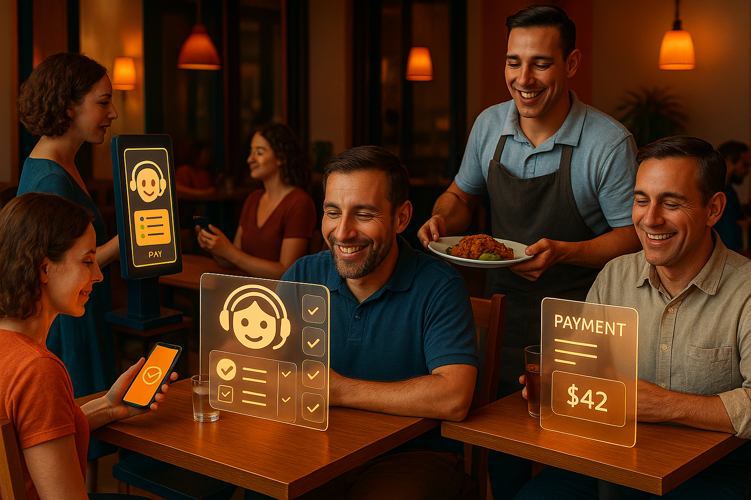 Futuristic, welcoming restaurant scene with integrated technology